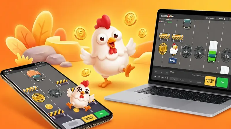 Chicken Road 2 op een smartphone en een laptop: het spel draait in de browser, zonder download
